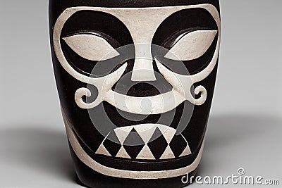 Black and white porcelain tiki mask with teeth on white background. Stock Photo