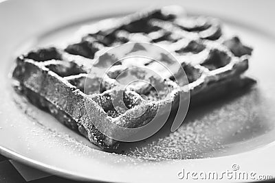 A black and white portrait of a belgian delicious tasty waffle with powder sugar as a topping on it, lying on a white plate on a Stock Photo