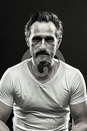 Black and white portrait of brutal beardy man. Stock Photo