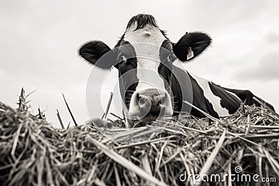 Black and white portrait of a cow in a field with hay, Black and white cow eating hay, Feeding cows, AI Generated Stock Photo