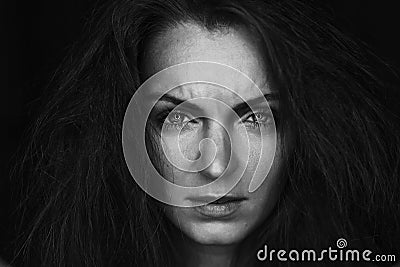 Black and white portrait of crying woman. Stock Photo