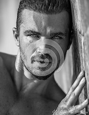 Handsome Caucasian Male Model posing in black and white portrait Stock Photo