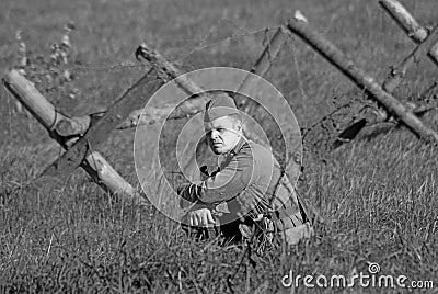 Black and white portrait of a soldier-reenactor Editorial Stock Photo