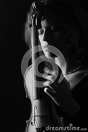 Black and white portrait violinist woman Stock Photo