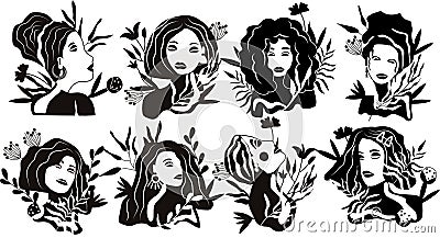 Black and white portraits fashionable womans with different hair style, flowers and leaves. Women collection ideal for Vector Illustration