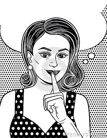 Black and white poster in comic art style of an attractive girl holds her index finger near her lips. Stock Photo