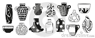 Black And White Pots And Vases Icons Set. Modern And Ancient Crockery, Sleek And Contemporary Minimalist Design Vector Illustration