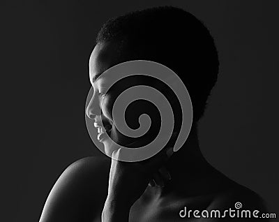 Black and white profile portrait of beautiful afro woman Stock Photo