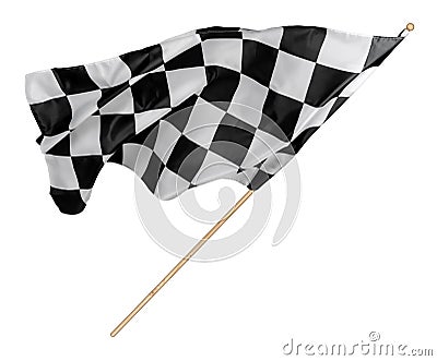 Black white race chequered or checkered flag with wooden stick isolated background. motorsport racing symbol concept Stock Photo