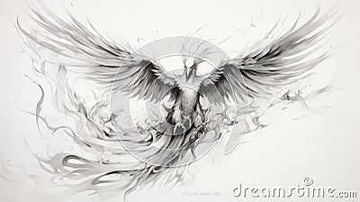 Epic Fantasy Fire Bird Drawing With Fluid Inking And Intense Light Stock Photo