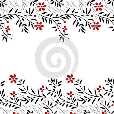 Black white and red flowers horizontal seamless border on white, vector Vector Illustration