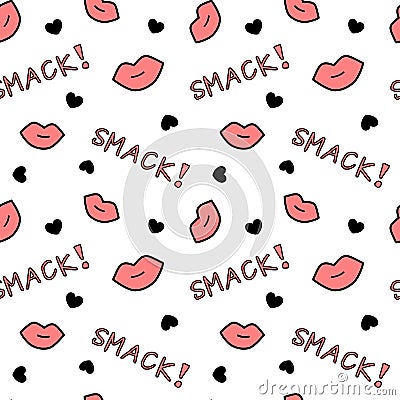 Black white and red seamless pattern background illustration with lips hearts and smack words Vector Illustration