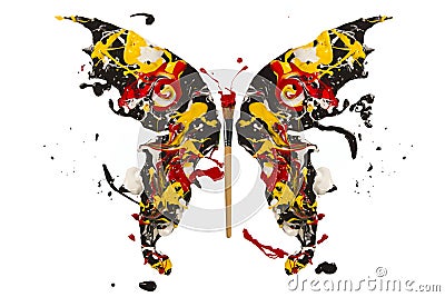 Black white red yellow paint splash madel butterfly Stock Photo