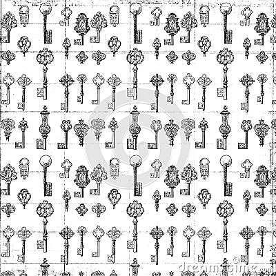 Black and white repeat antique key pattern Stock Photo