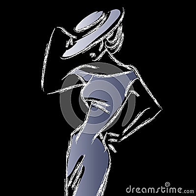 Black and white retro fashion model in sketch style. Hand drawn Cartoon Illustration