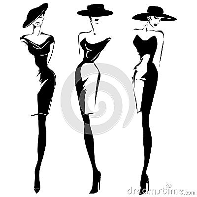 Black and white retro fashion models set in sketch style. Hand drawn Cartoon Illustration