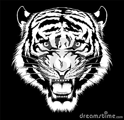 Black and white roaring tiger head Vector Illustration