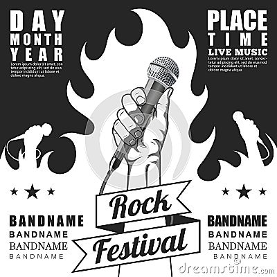 Black and white Rock festival poster. hand holding a microphone in a fist Vector Illustration