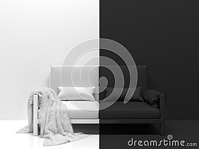 Black and white room interior with a black and white sofa. Creative monochrome conceptual illustration Divided in half into two Cartoon Illustration