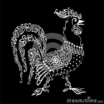 Black and white rooster with a floral pattern and swirls. Symbol of the New Year 2017 on the Chinese calendar. Vector Illustration