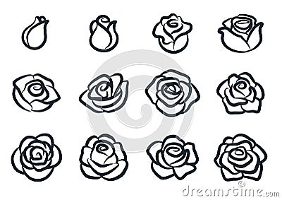 Black and white rose flower vector illustration. Simple rose blossom icon set. Nature, gardening, love, Valentine`s day theme Cartoon Illustration