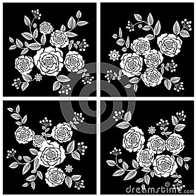 Black White Rose flowers Vector Illustration