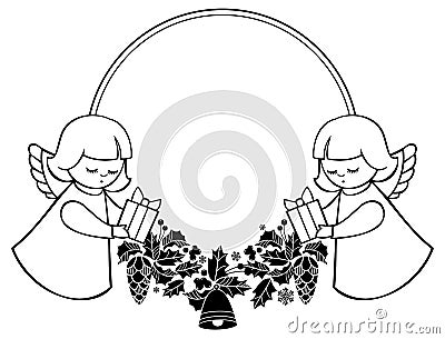 Black and white rouen Christmas frame with cute angels. Copy spa Stock Photo