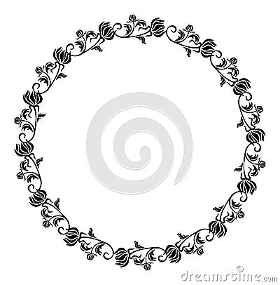 Black and white round frame with flowers silhouettes. Stock Photo