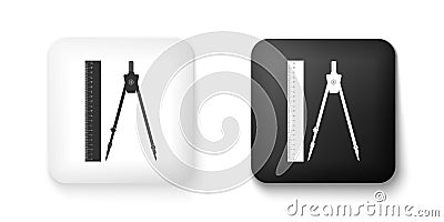 Black and white Ruler and drawing compass icon isolated on white background. Drawing professional instrument. Geometric Vector Illustration