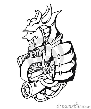 black and white samurai line art tattoo design sketch illustration Cartoon Illustration