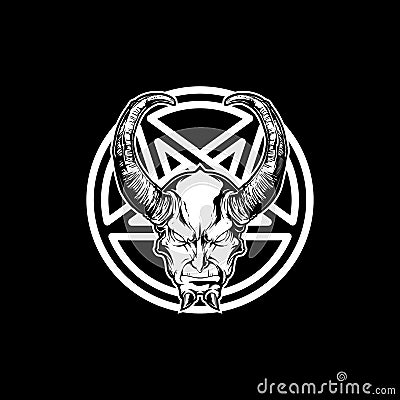 Black and white satan or damon with horn and pentagram vector Vector Illustration
