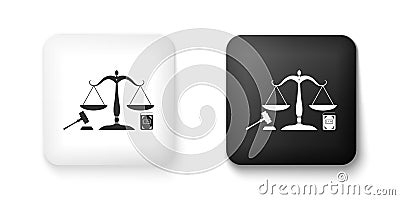 Black and white Scales of justice, gavel and book icon isolated on white background. Symbol of law and justice. Concept Vector Illustration