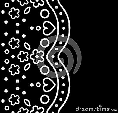 Black and white scallop edge floral crochet lace seamless border, vector Vector Illustration