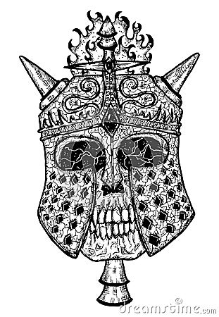 Black and white scary illustration of vector skull wearing knight helm with horns Vector Illustration