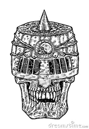 Black and white scary illustration of vector skull wearing knight helm Vector Illustration