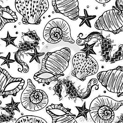 Black and white seahorse, starfish and seashell seamless pattern background Stock Photo