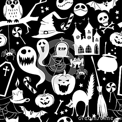 Black and white seamless background abstract pattern for halloween with pumpkin, candy, ghost, spider, bat, witch Vector Illustration