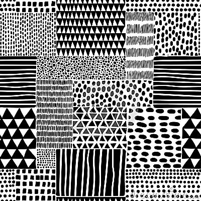 Black and white seamless doodle pattern. Hand-drawn ornament in patchwork style. Ethnic, tribal and african motifs. Hipster print Vector Illustration