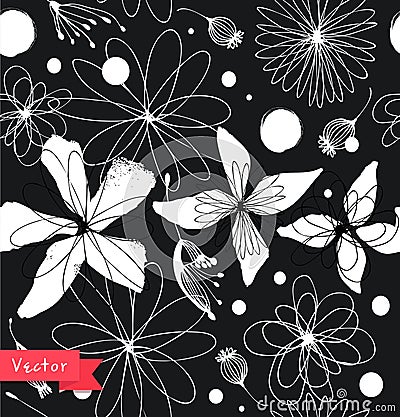 Black and white seamless floral pattern. Decorative ornate background with fantasy flowers Vector Illustration