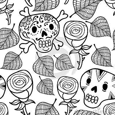 Black and white seamless illustration with roses and sugar skulls. Vector Illustration