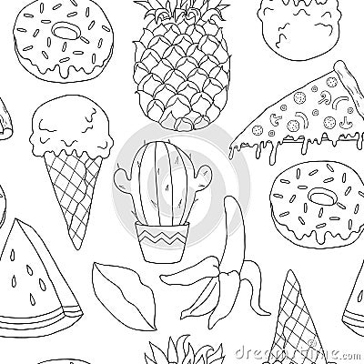 Black and white seamless linear pattern with cactus, ice cream, banana, Vector Illustration