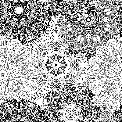 Black and white seamless mandala pattern. Monochrome seamless background with flowers. Hand-drawn vector illustration Vector Illustration