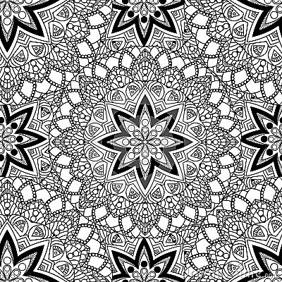 Black and white seamless mandala pattern. Monochrome seamless background with stars. Hand-drawn vector illustration Vector Illustration