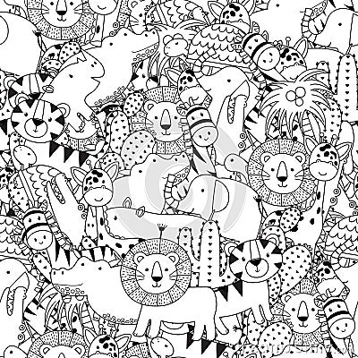 Black and white seamless pattern with adorable safari animals. Coloring page for adult and kids Vector Illustration