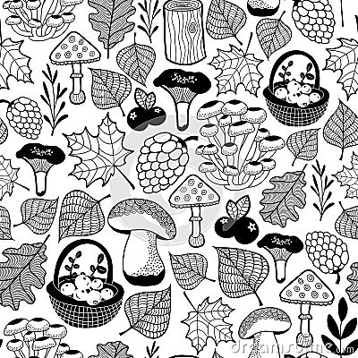 Black and white seamless pattern with autumn forest gifts. Vector Illustration