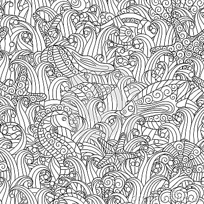 Black and white seamless pattern for coloring book. Sea life Vector Illustration