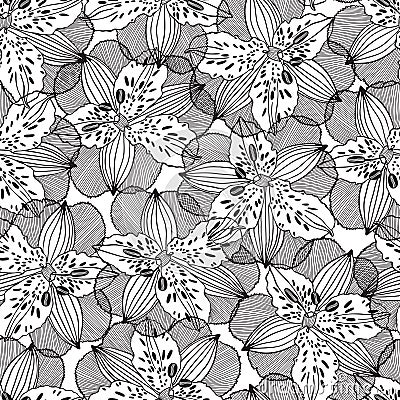 Black and white seamless pattern with irises. Hand-drawn floral Cartoon Illustration