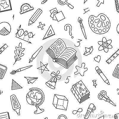 Black and White Seamless Pattern of School Stationery. Vector Illustration