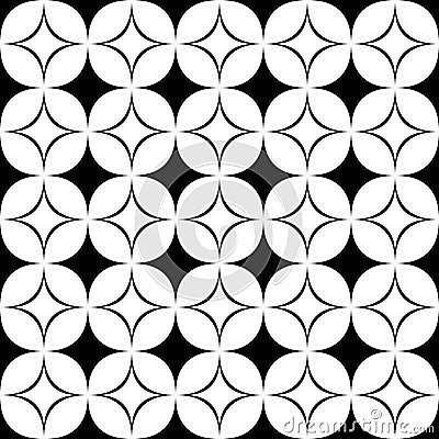 Black and white seamless star pattern - geometrical monochrome vector background design from curved shapes Vector Illustration