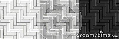 Black and white seamless textures of herringbone tiles. Set of vector grayscale paving floor Vector Illustration